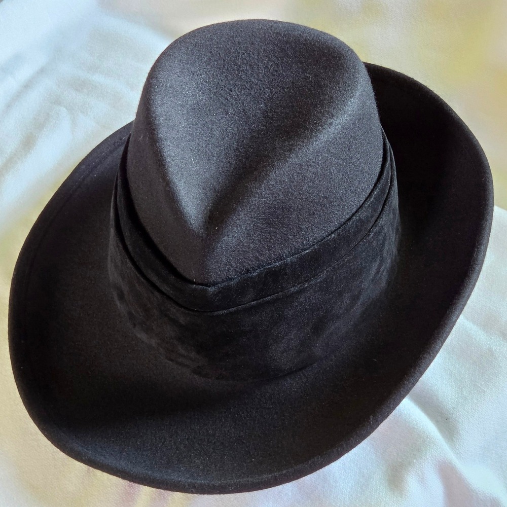 Eric Javits L'Avenue Fedora Large Black Wool Felt Wide Brim Hat